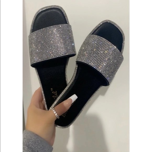 Shoes Nwt Womens Black Flats Slides Sandals Rhinestone Open Toe Slip